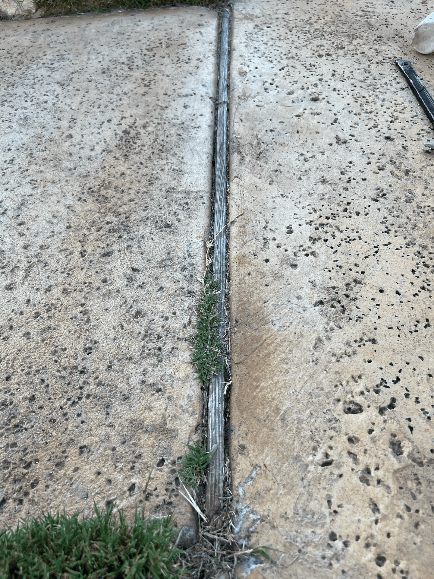 Austin driveway expansion joint before replacement with visible weed growth and rotted joint
