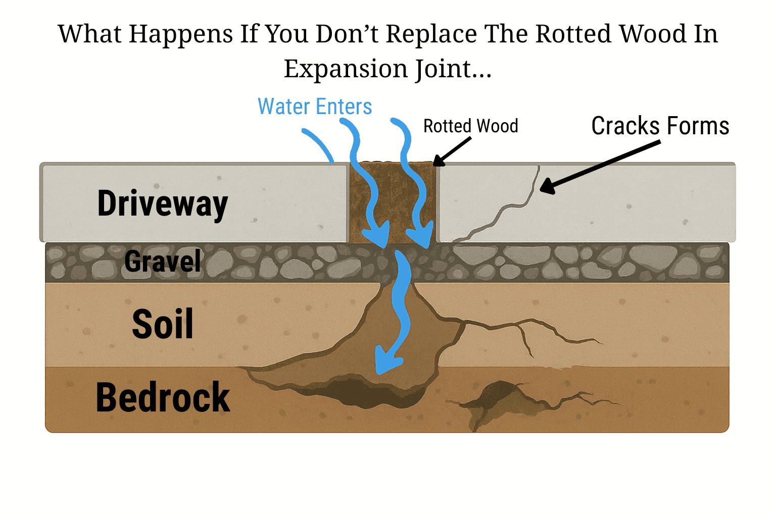 Concrete driveway damage from rotted expansion joint: shows water infiltration and crack formation.